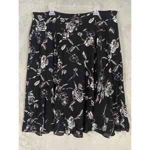 Jones New York Black White Floral Rayon Wool Midi Skirt 18W Side Zip Lined Flowy